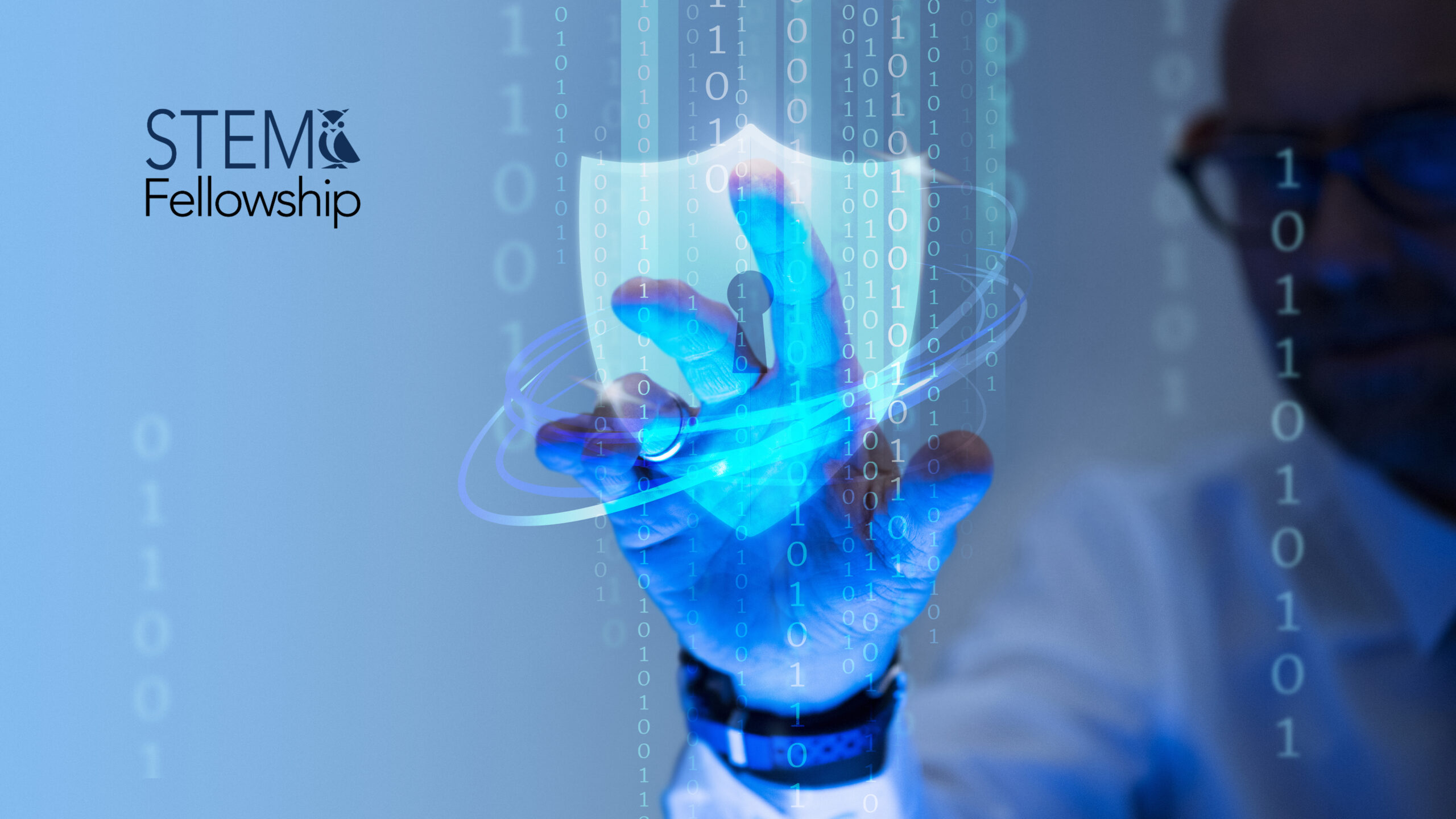Man touching a padlock shield icon STEM Fellowship website homepage hero section showcasing modern design with clear navigation and student-focused visuals.